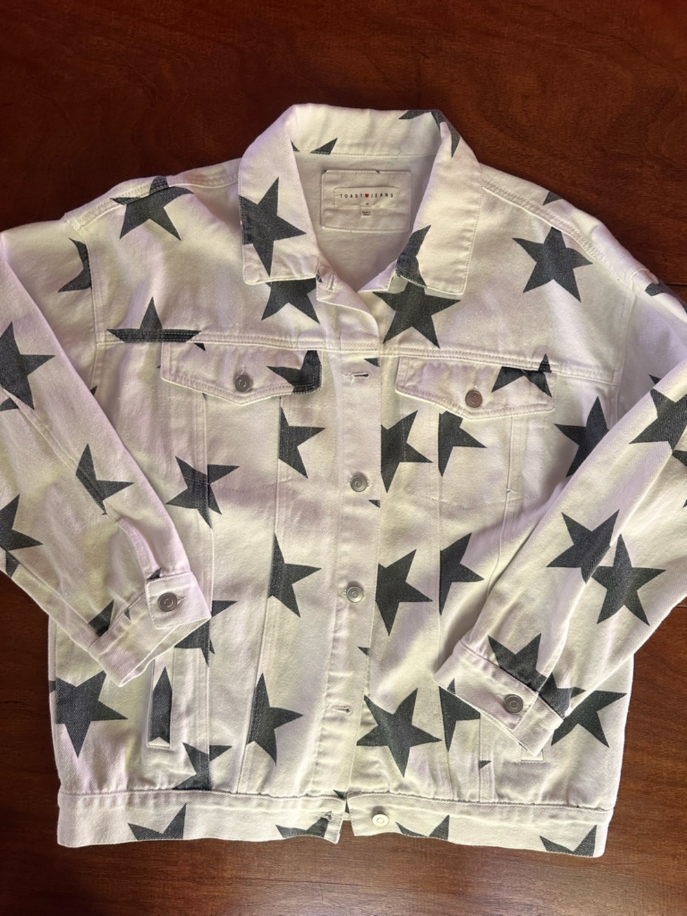Toast Jeans Star Print Denim Jacket White and Gray Oversized Medium